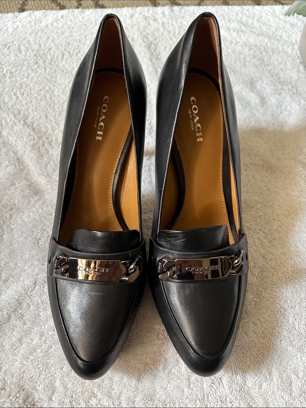 Coach Black Leather Pointed-Toe Heels with Silver Chain Plate